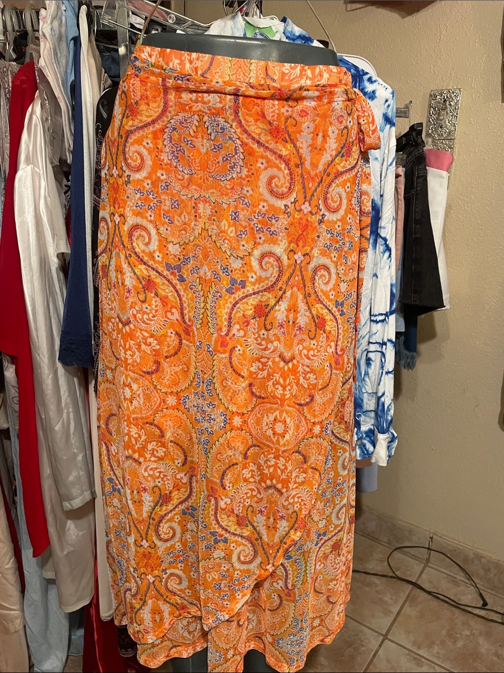 Women's Orange Paisley Maxi Wrap Skirt with Tie Waist